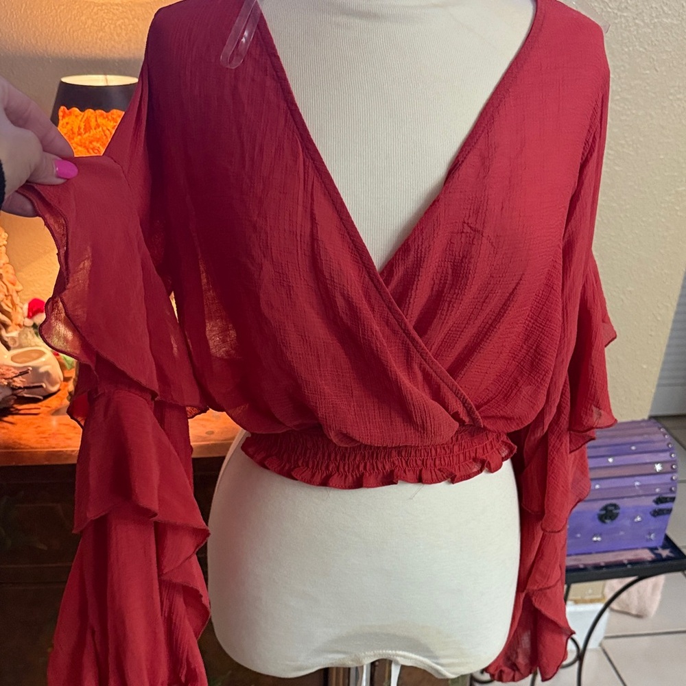 FAVLUX Red Ruffled Wrap Blouse
